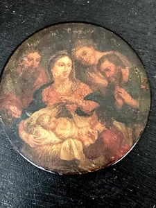 Antique Wood Snuff Box Lid, 18th-19th c. Oil Portrait - Picture 1 of 5