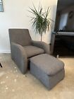 Designer Balzac Style Chair And Foot Stool In Grey Fabric