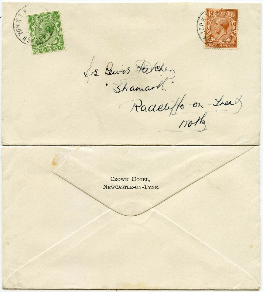 GB CROWN HOTEL NEWCASTLE ENV EDINBURGH + YORK TPO RAILWAY LATE FEE 1/2d - Image 1 of 1