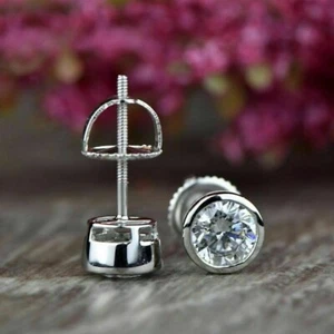 2Ct Bezel Set Stud Earrings Round Cut Simulated Diamond 14K White Gold Plated - Picture 1 of 4