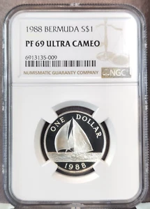 1988 BERMUDA SILVER 1 DOLLAR SAILBOAT NGC PF 69 ULTRA CAMEO RARE TOP POP - Picture 1 of 3