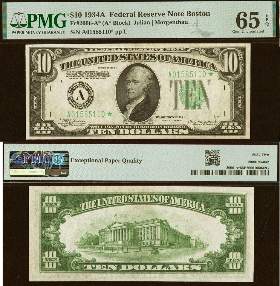1934A $10 Federal Reserve Note PMG Gem 65EQ - Boston Star - Fr 2006-A* - Image 1 of 3