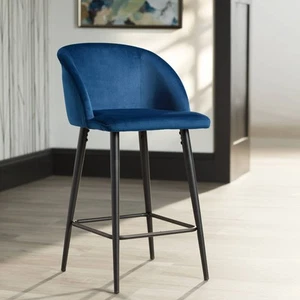 Nigel Black Bar Stool 26" High Modern Blue Cushion for Kitchen Counter Island - Picture 1 of 10