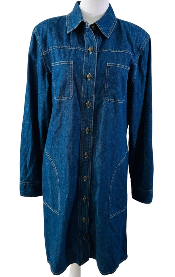 Vintage Talbots Women Denim Midi Shirt Dress Size 14 Long Sleeve Pockets 90s - Image 1 of 4