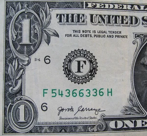 4 digit 3-4-5-6 -Broken Ladder Fancy Serial Number One Dollar Bill F 54366336 H - Picture 1 of 5
