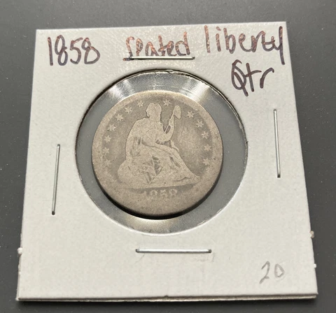 1858 Seated Liberty QUARTER 90% Silver US 25c Coin Cover