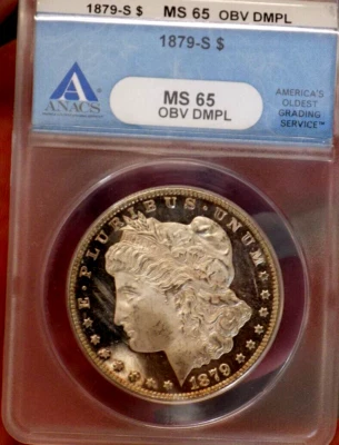 MORGAN SILVER DOLLAR 1879 S ANACS MS 65 DMPL OBV OLD BLUE HOLDER MONSTER CAMEO - Image 1 of 4