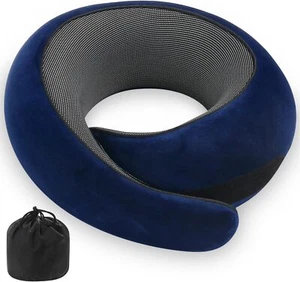 Compact Dark Blue Memory Foam Neck Pillow for Travel - Airplane & Car - Picture 1 of 7