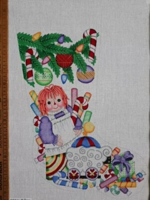 2 Handpainted Needlepoint Canvas Xmas Teddy Bear Stocking Raggedy Ann Candy 🍭 - Image 1 of 4