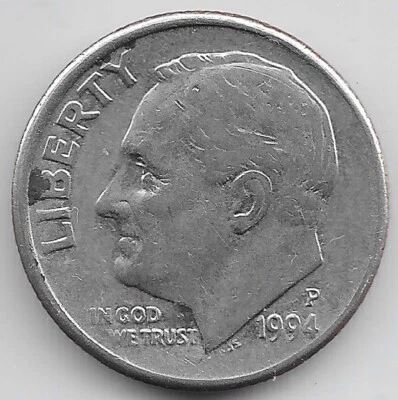 1994 P Roosevelt Dime Error Misaligned Die MAD Obverse - Image 1 of 2