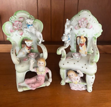 Pair of Kalk Porcelain Bisque Flower Stem Vase Rocking Chair Cats  Kittens Girls