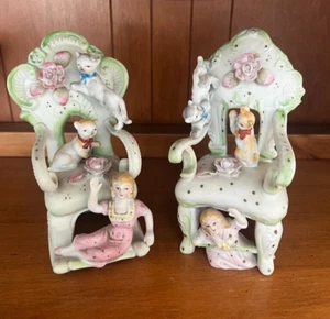 Pair of Kalk Porcelain Bisque Flower Stem Vase Rocking Chair Cats Kittens Girls - Picture 1 of 15
