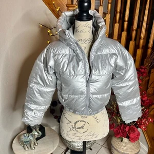 All In Motion Girls Silver Hooded Puffer Jacket Size M (8) - Picture 1 of 14