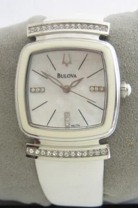 BULOVA UHR DAMEN KRISTALL 98L174 EDELSTAHL WEISS LEDER QUARZ ORIGINAL - Bild 1 von 9