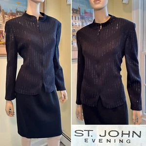 Nuevo Blazer De Colección ST JOHN NIGHT Talla 12/Grande Negro Lentejuelas Elastizado Tejido de Lana Cremallera - Imagen 1 de 14