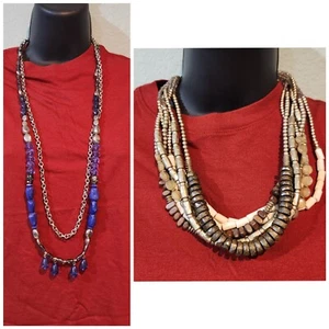 Chicos Lot of 2 Necklaces Chunky Bold Statement Layered Brown Blue Tribal Mixed - Picture 1 of 13