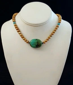 Halskette Türkis Nugget Süßwasserperlen 925 Silber Akzente Handarbeit USA - Bild 1 von 2