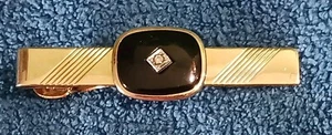 Black Cabochon & White Rhinestone Vintage ANSON Tie Bar clip - Picture 1 of 9