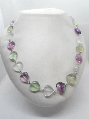 Collana in Argento 925 con Cuori in Fluorite Naturale - Girocollo Pietre Dure - Immagine 1 di 4