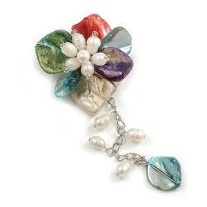 55mm D/Shell and Freshwater Pearls Chain with Charms Asymmetric Flower - Picture 1 of 6