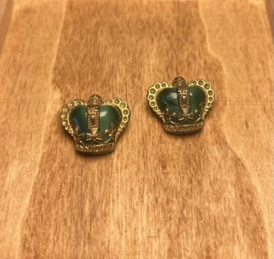 Vintage Regal Crown Buttons – Gold Tone with Green Enamel – Pair of 2 Shank Back - Image 1 of 2