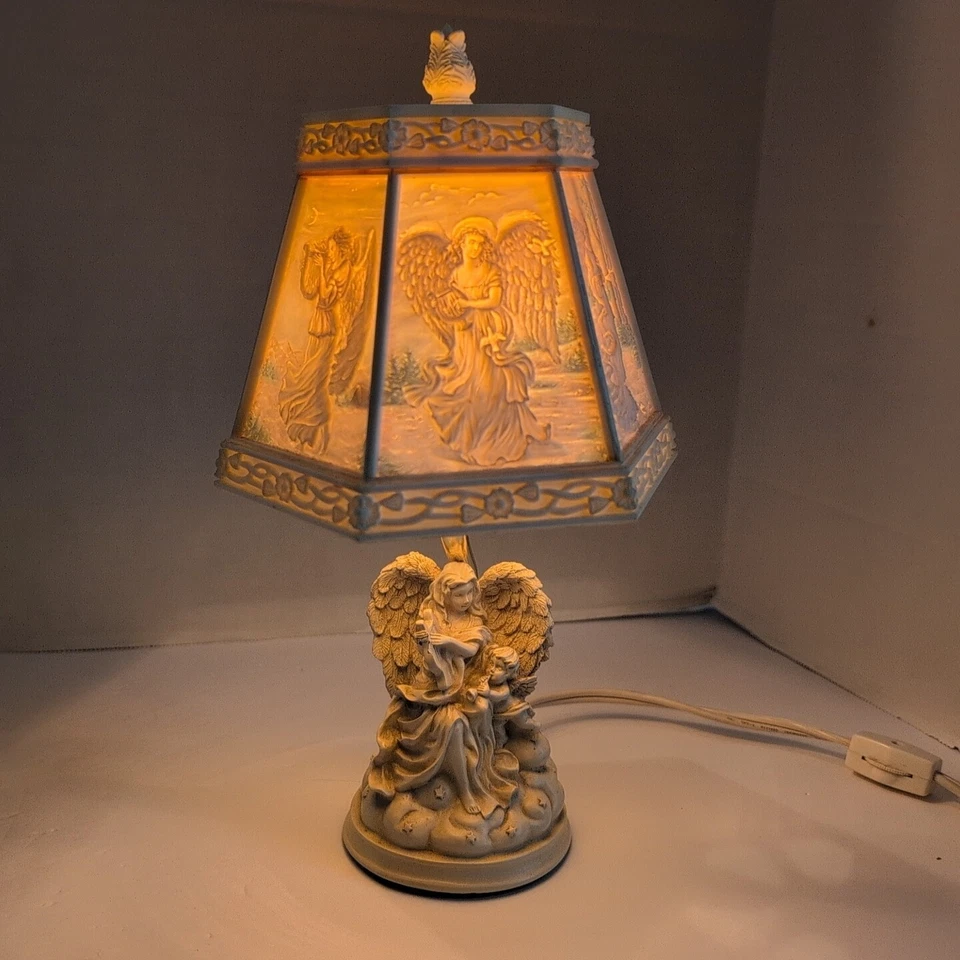 Vintage Angel Lamp 6 Panel Decorated Lithophane Shade With Finial Resin Angel - Image 1 of 4