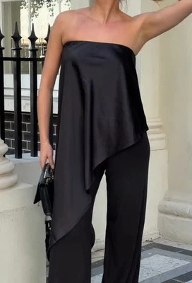 Nuevo con etiquetas Top H&M Holiday 2025 satinado bandeau dobladillo asimétrico 1317340001 negro talla L, XL Foto 1 de 2