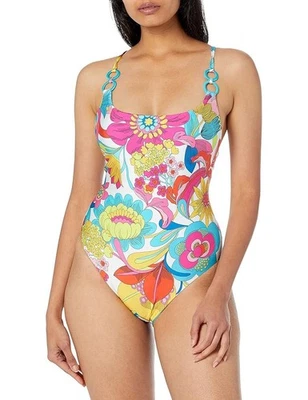 Trina Turk Fontaine Twist Bright Floral High Cut One Piece Swimsuit New Size 14 - Image 1 of 4