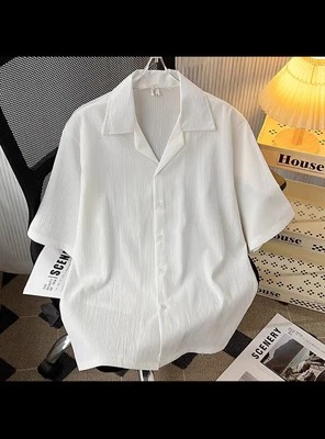 High End Drapey Ice Silk Shirt Men's Short Sleeved Loose American Cuban Collar - Image 1 of 2