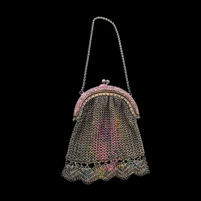 Miniatura Antigua Miniatura Rosa Esmalte Malla Bolso Cartera Borde Vieira Foto 1 de 4