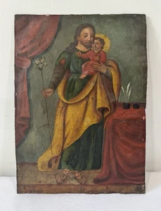 19th Century Painting Oil on Tin Saint Joseph & Child Jesus - Picture 1 of 3