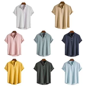 Men's Stand Collar Striped Short Sleeve Shirt Cotton Pullover Casual Loose Fit S - Picture 1 of 52