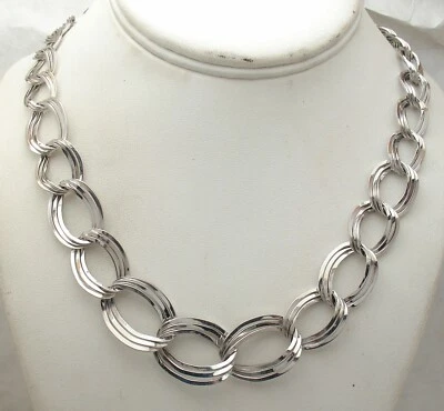 Collar Cadena Eslabón Cubano Triple Bordillo Graduado 18" Oro Blanco 14K Real Foto 1 de 4