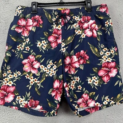 Lands End Men Swim Trunks Large 36-38 Blue Red Floral Hawaiian Drawstring Pocket - Image 1 of 4
