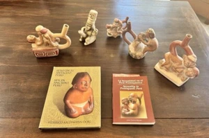Set di 5 ceramiche Huaco erotiche vintage native peruviane Moche fatte a mano repro + 2 libri - Foto 1 di 24