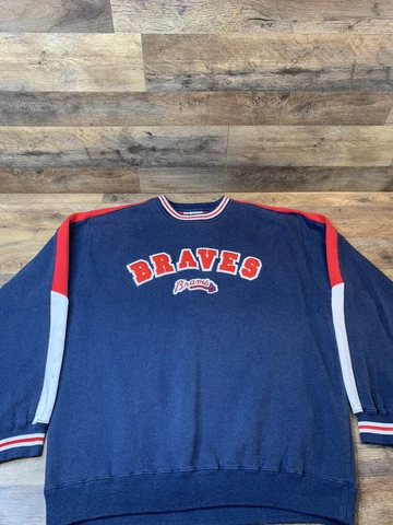 Vintage Lee Sport Sz L Braves Pullover Sweater Blue Embroidered Stretch Baseball Cover