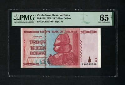 20 Trillion Dollars Zimbabwe 2008 P89 PMG 65 Gem Uncirculated 100% Authentic COA - Image 1 of 4