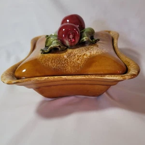 Vtg California Pottery Drip Glaze Lidded Candy Dish Sculpted Apple Handle - Picture 1 of 10