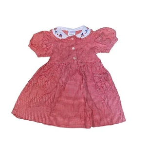 Vintage Gingham Plaid Check Gingham Dress Embroidered Collar with ABCs Red 2T - Picture 1 of 5