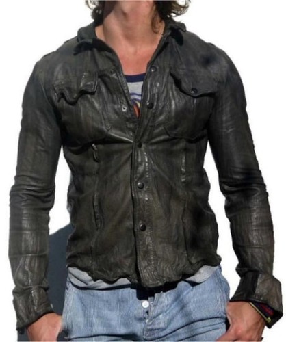 VETEMENTS Giacca nera uomo vera pelle di agnello rugosa pelle cappotto camicia western