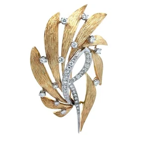 Solid Gold High Quality 1ctw Diamond Textured Polished Multi Leaf Pin Brooch - Picture 1 of 7