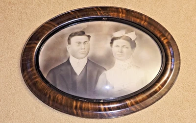 Antiguo marco de vidrio burbuja convexo a rayas de tigre 24" X 18" "BARNETT'S" Foto 1 de 4