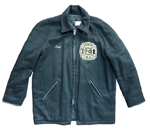 Vintage 1960s Franklin NJ Fire Dept Wool & Leather Car Coat Work Black Jacket 44 - Picture 1 of 8