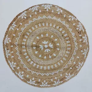 Beige round jute rug with white designs handmade area rug, floor carpet/mat - Picture 1 of 3