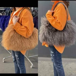 NEW ELEGANT REAL MONGOLIAN FUR SHOULDER BAGS - GRAY AND KHAKI - Picture 1 of 14