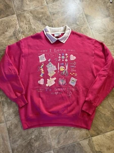 Vintage 90s Collared Sweater Pink White I Love To Sew Arts Crafts Large 22x28 - Picture 1 of 7