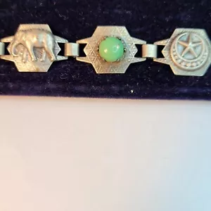 Vintage Exotic Silver Toned Bracelet Elephant Stars Green Stones 7" Hamsa Hand - Picture 1 of 7