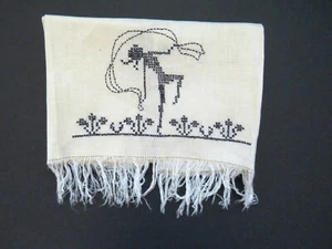 German Art Deco Show Towel Hand Embroidered Black Cross Stitch Girl and Ribbon - Picture 1 of 4