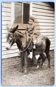 RPPC c1910 Cute Boy Sitting On Donkey Mule Postcard - Imagen 1 de 2