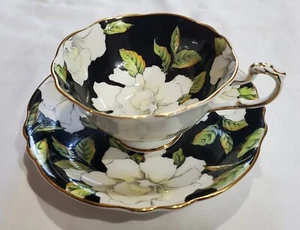 Teacup & Saucer PARAGON England White Gardenias Black Ground Double Warrant - Picture 1 of 11